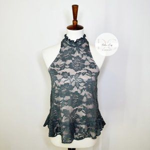 EXPRESS Olive Green Rose Lace High-neck Peplum Bottom Blouse Size XS